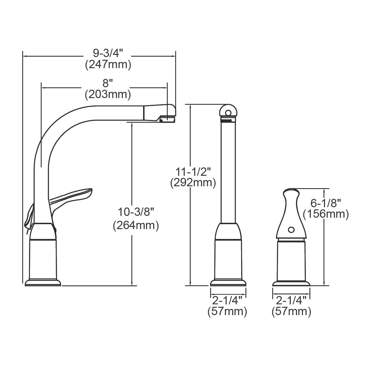 Chrome deck mount kitchen faucet with curved spout, lever handle, and two remote control components shown with dimensions.