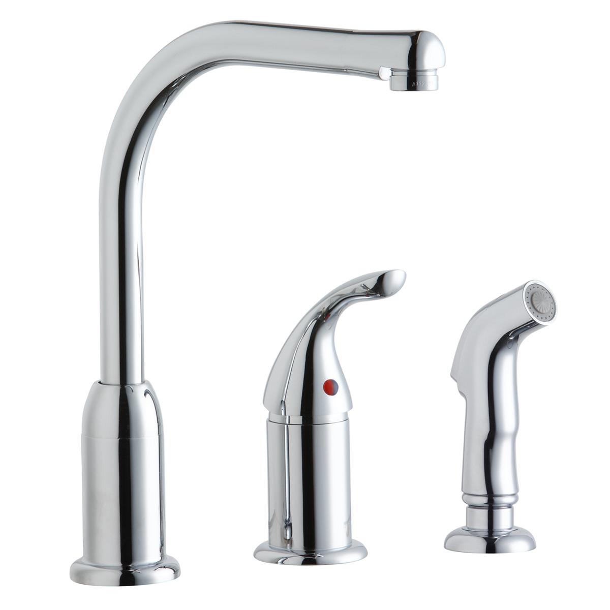 Chrome kitchen faucet with tall curved spout, remote lever handle, and separate side spray attachment.