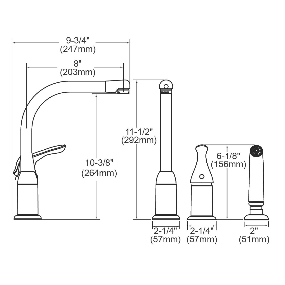 Chrome deck mount kitchen faucet with curved spout, remote lever handle, and side spray with dimensional specifications.