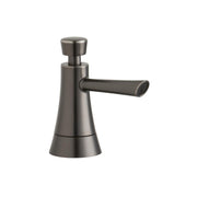 Antique steel soap dispenser with conical body, push button top, and side lever pump in brushed metal finish.
