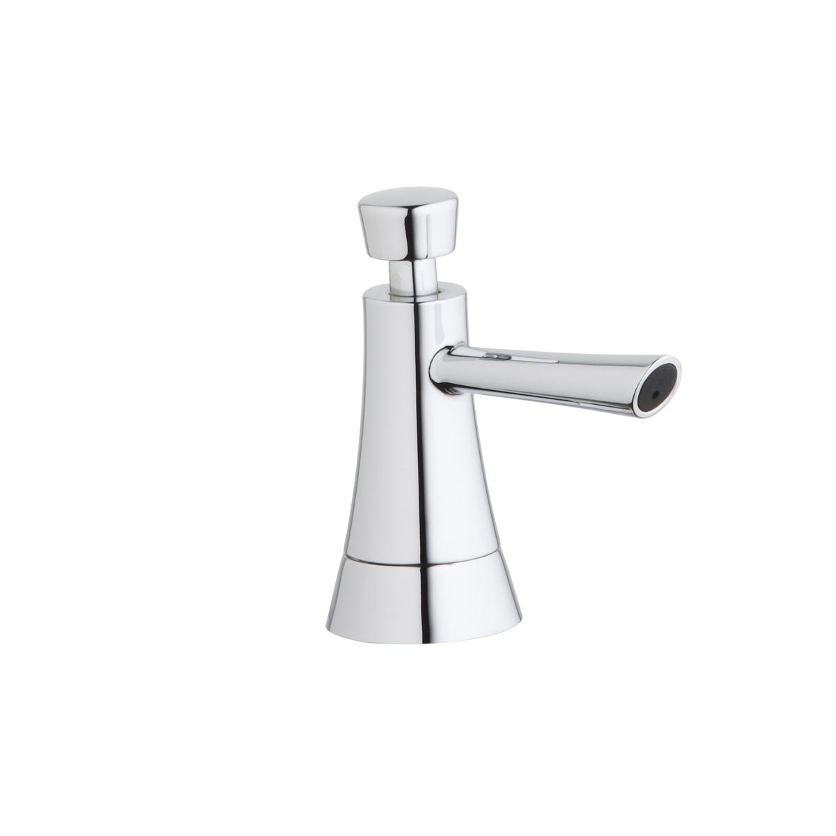 Chrome soap and lotion dispenser with conical body, pump top, and horizontal lever spout.
