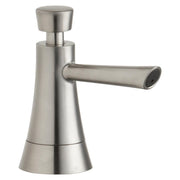 Lustrous steel soap and lotion dispenser with cylindrical body, angled spout, and rounded pump top.