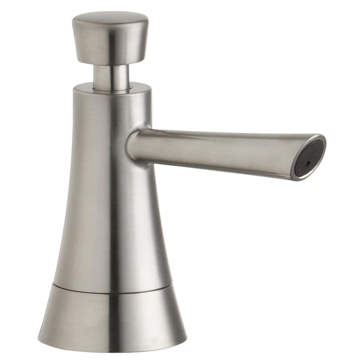 Lustrous steel soap and lotion dispenser with cylindrical body, angled spout, and rounded pump top.