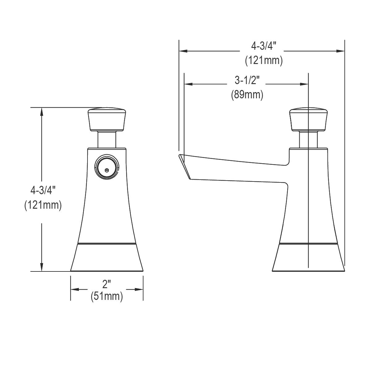 Antique steel soap/lotion dispenser with tapered base, pump top, and front and side dimensions labeled.