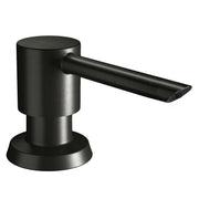 Black stainless steel soap and lotion dispenser with cylindrical pump body and angled spout.