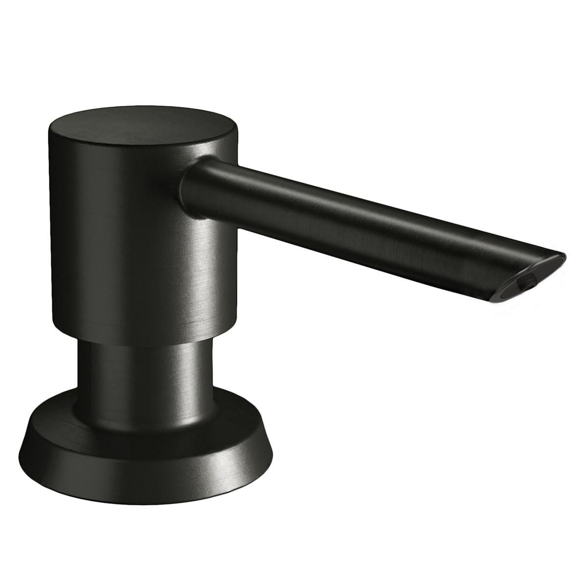 Black stainless steel soap and lotion dispenser with cylindrical pump body and angled spout.