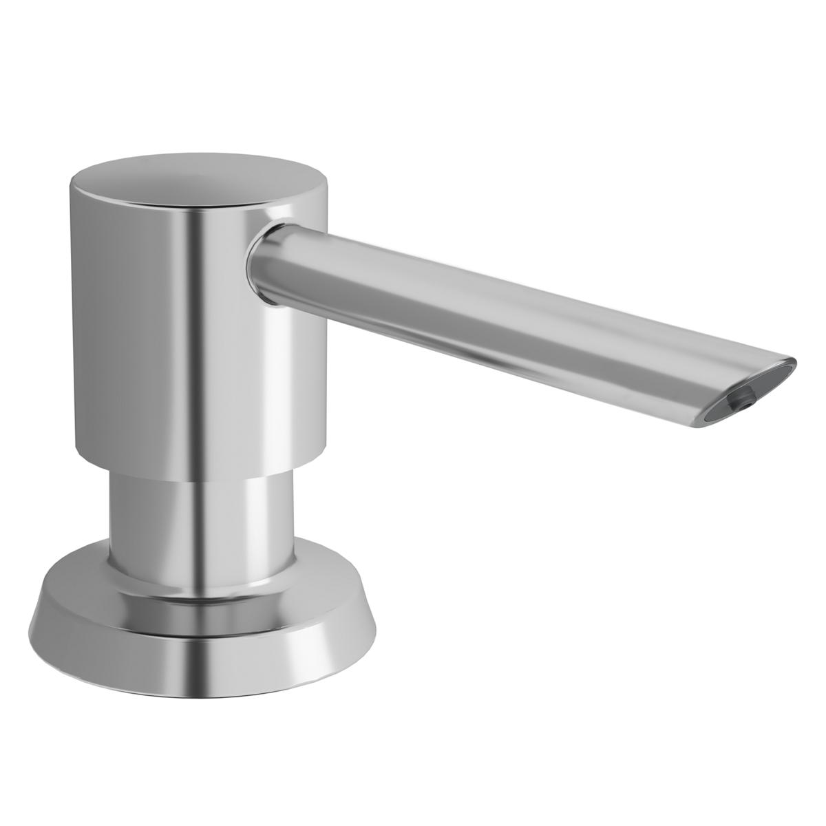 Chrome soap and lotion dispenser with cylindrical pump head and angled spout on round base.