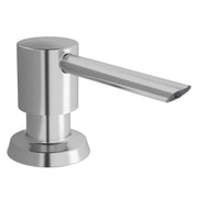 Chrome soap and lotion dispenser with cylindrical pump head and angled spout on round base.