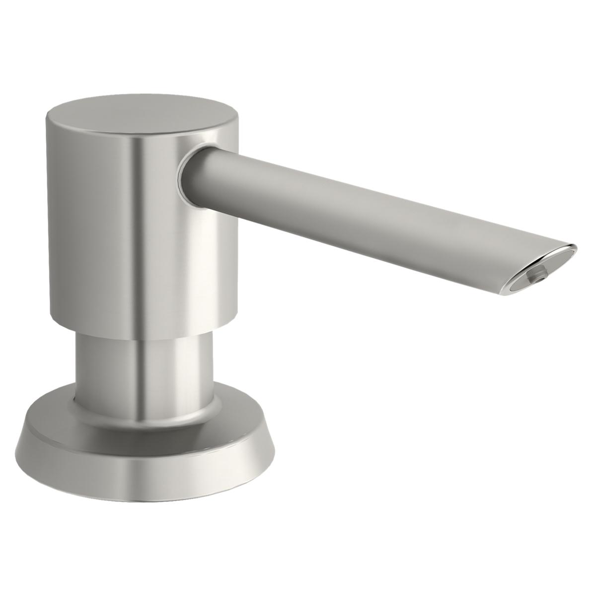 Brushed stainless steel soap and lotion dispenser with cylindrical pump and angled spout.