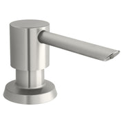 Brushed stainless steel soap and lotion dispenser with cylindrical pump and angled spout.