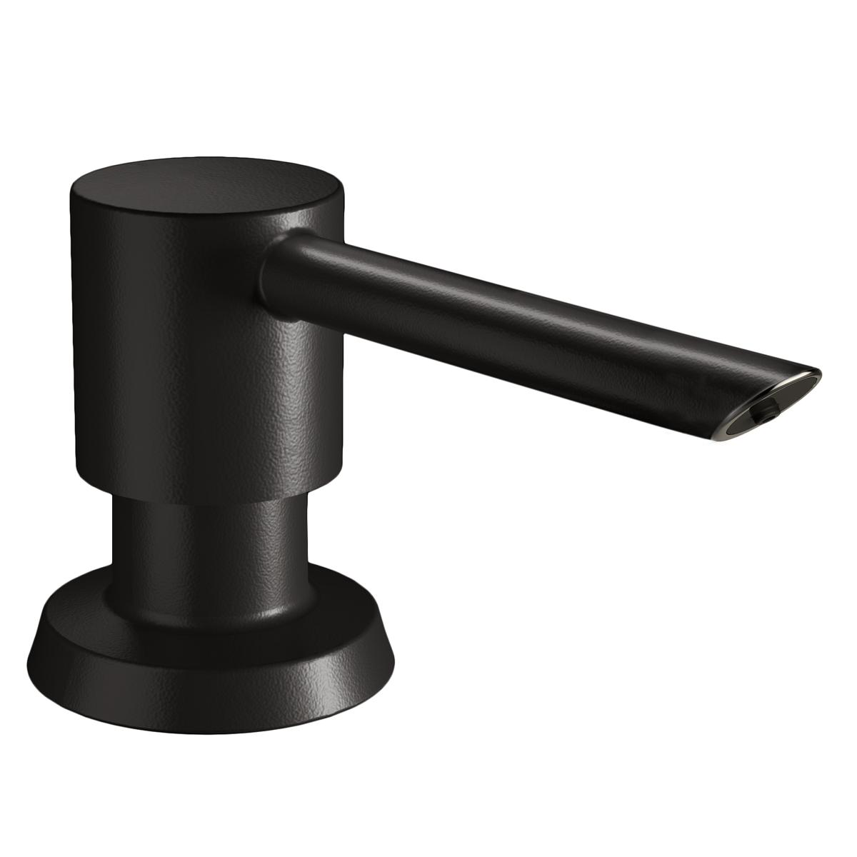 Matte black soap dispenser with cylindrical body, wide spout, and round base.