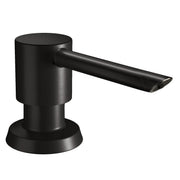 Matte black soap dispenser with cylindrical body, wide spout, and round base.