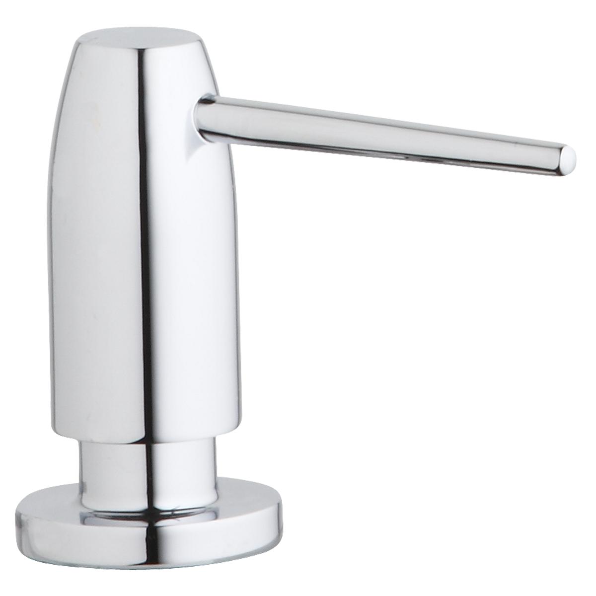 Chrome soap and lotion dispenser with cylindrical pump and round base.