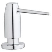 Chrome soap and lotion dispenser with cylindrical pump and round base.