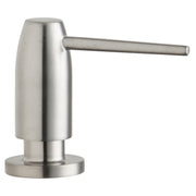 Brushed stainless steel soap and lotion dispenser with cylindrical pump body and circular base.
