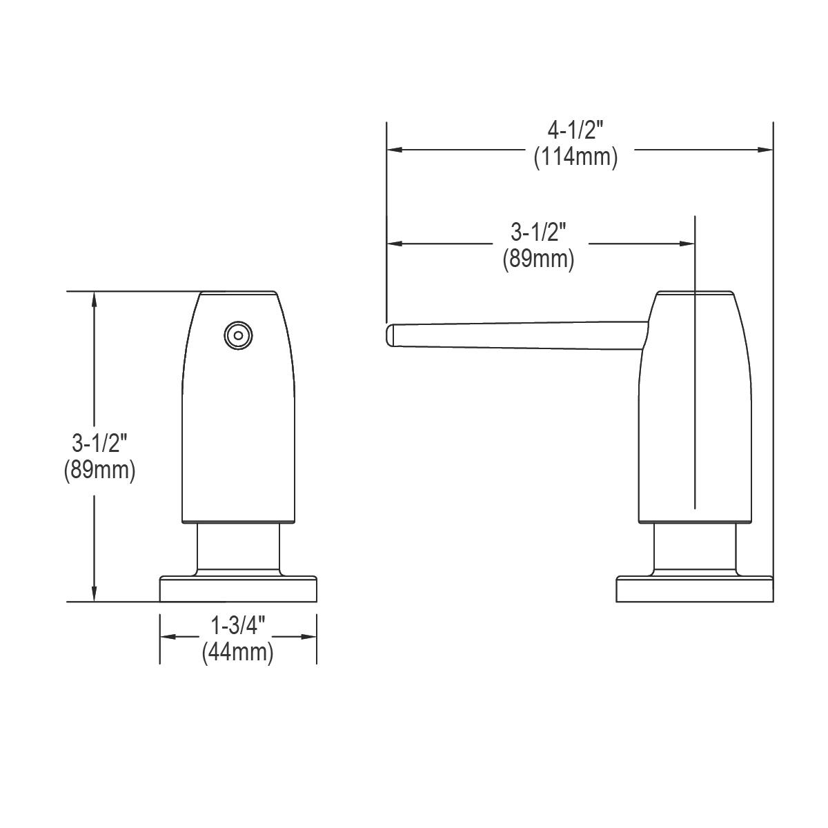 Chrome soap and lotion dispenser with rectangular pump body and horizontal spout, shown in front and side views with dimensio