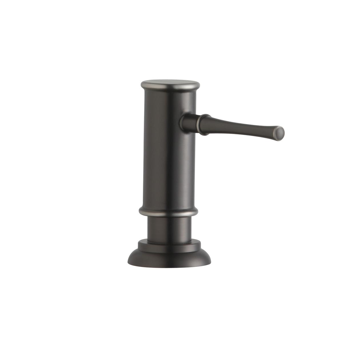 Antique steel soap and lotion dispenser with cylindrical body and side pump lever on round base.