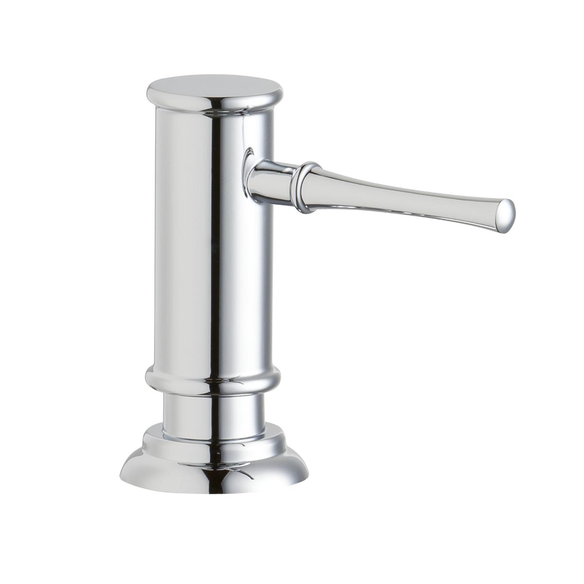 Chrome soap and lotion dispenser with cylindrical body and angled pump lever on pedestal base.