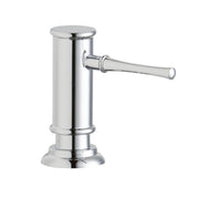 Chrome soap and lotion dispenser with cylindrical body and angled pump lever on pedestal base.