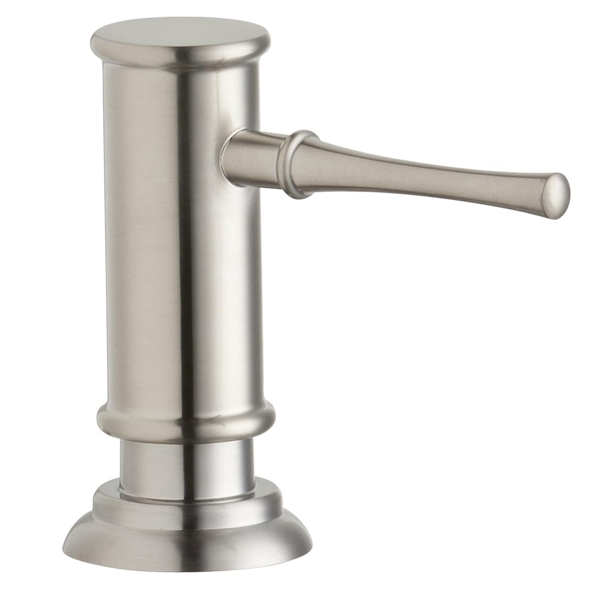 Brushed stainless steel soap and lotion dispenser with cylindrical pump body and horizontal lever spout.