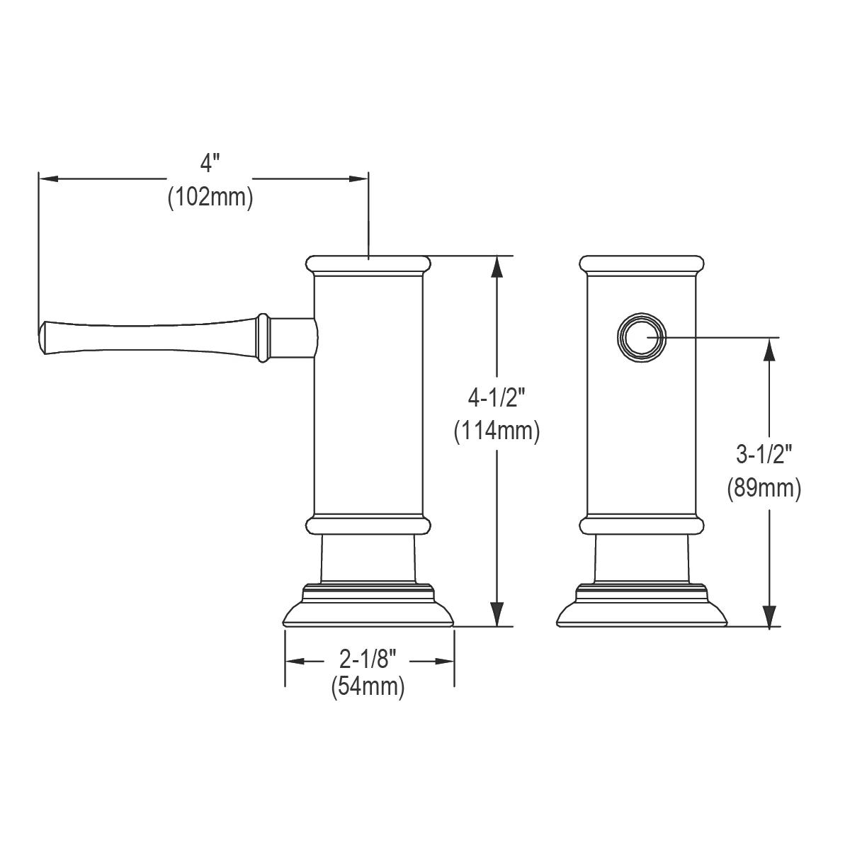 Elkay lustrous steel soap and lotion dispenser with pump lever, cylindrical container, and pedestal base, shown in front and 