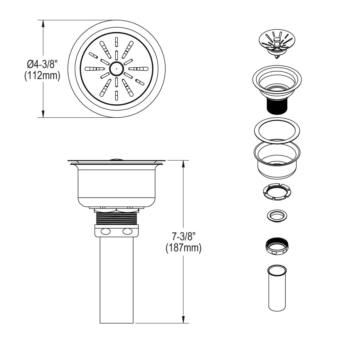 Elkay 3-1/2" Drain Fitting Type 316 Stainless Steel Body Strainer Basket with rubber seal and Tailpiece