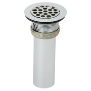Stainless steel drain fitting with perforated grid strainer top and white PVC tailpiece body.