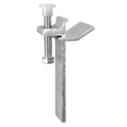 Metal screw and clamp assembly with threaded shaft and curved clamp arm for sink installation.