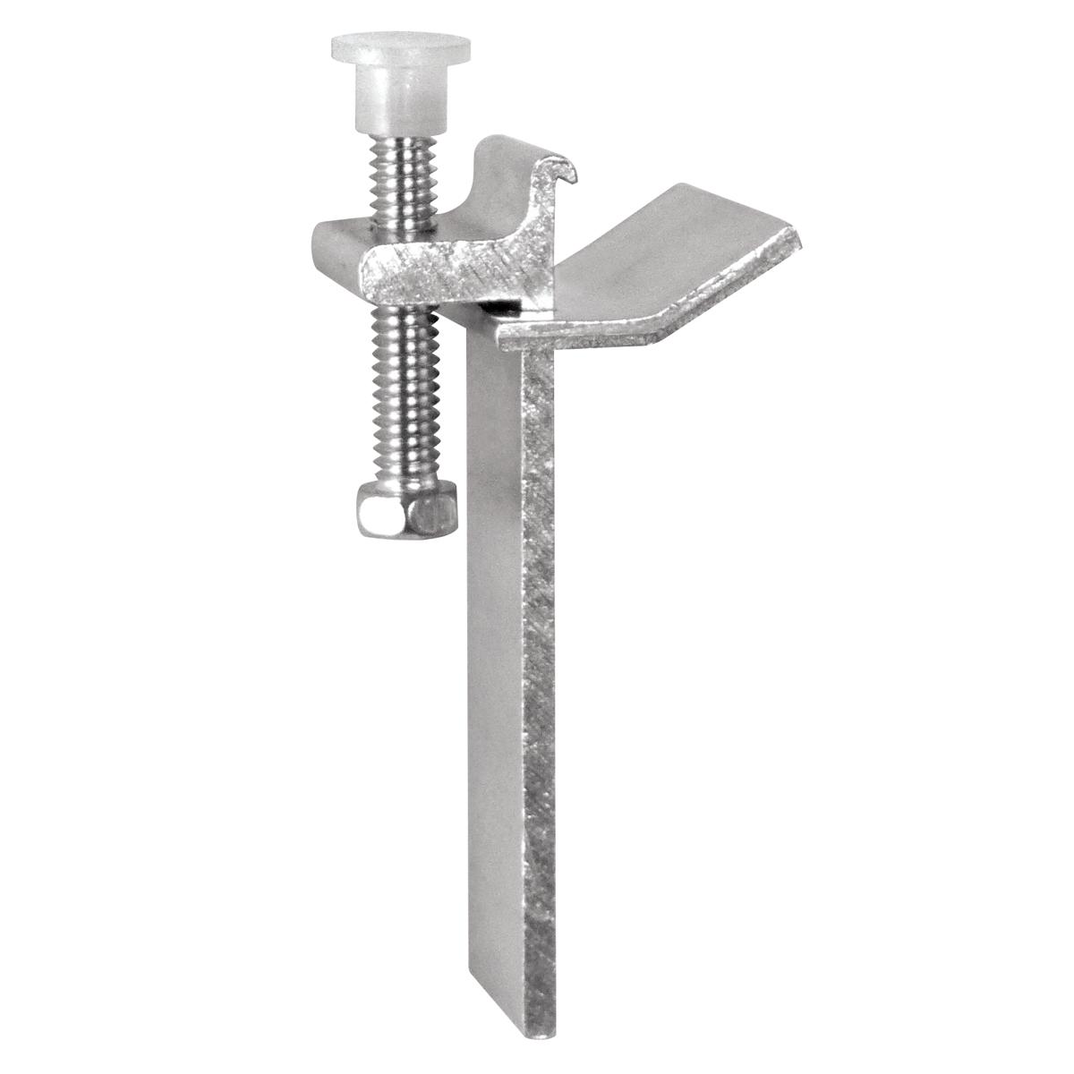 Metal screw and clamp assembly with threaded shaft and curved clamp arm for sink installation.