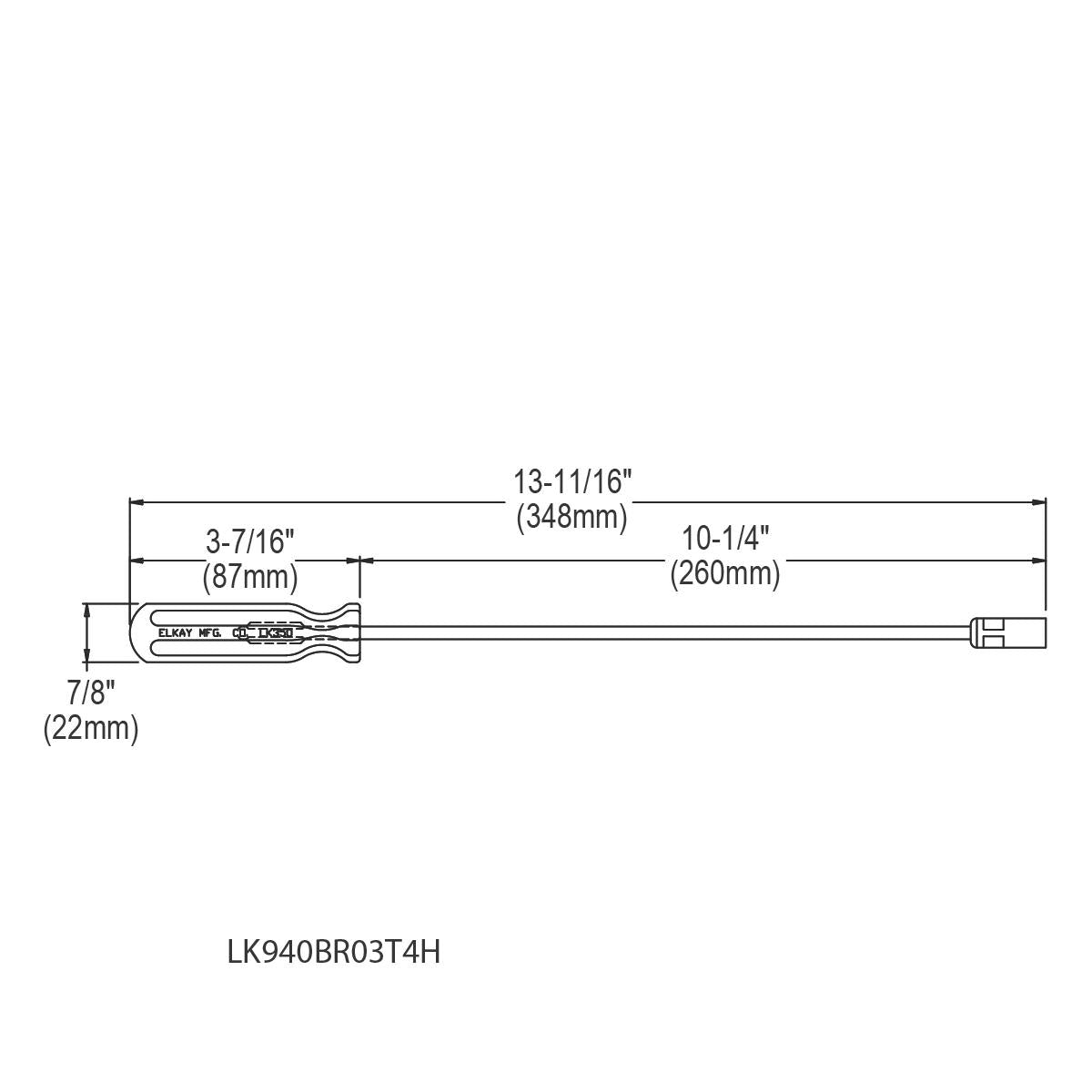 Extra long screwdriver with rectangular handle and square drive tip, measuring 13-11/16 inches total length.