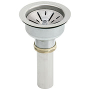 Stainless steel sink drain fitting with strainer basket, threaded tailpiece, and brushed finish.