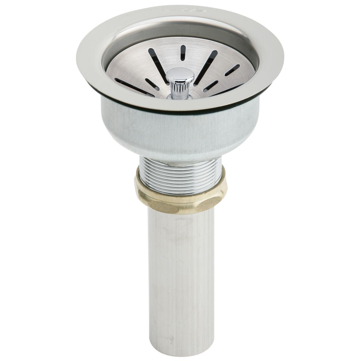 Stainless steel sink drain fitting with strainer basket, threaded tailpiece, and brushed finish.