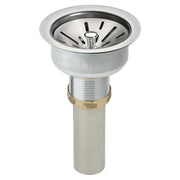 Stainless steel sink drain fitting with polished basket strainer and threaded tailpiece.