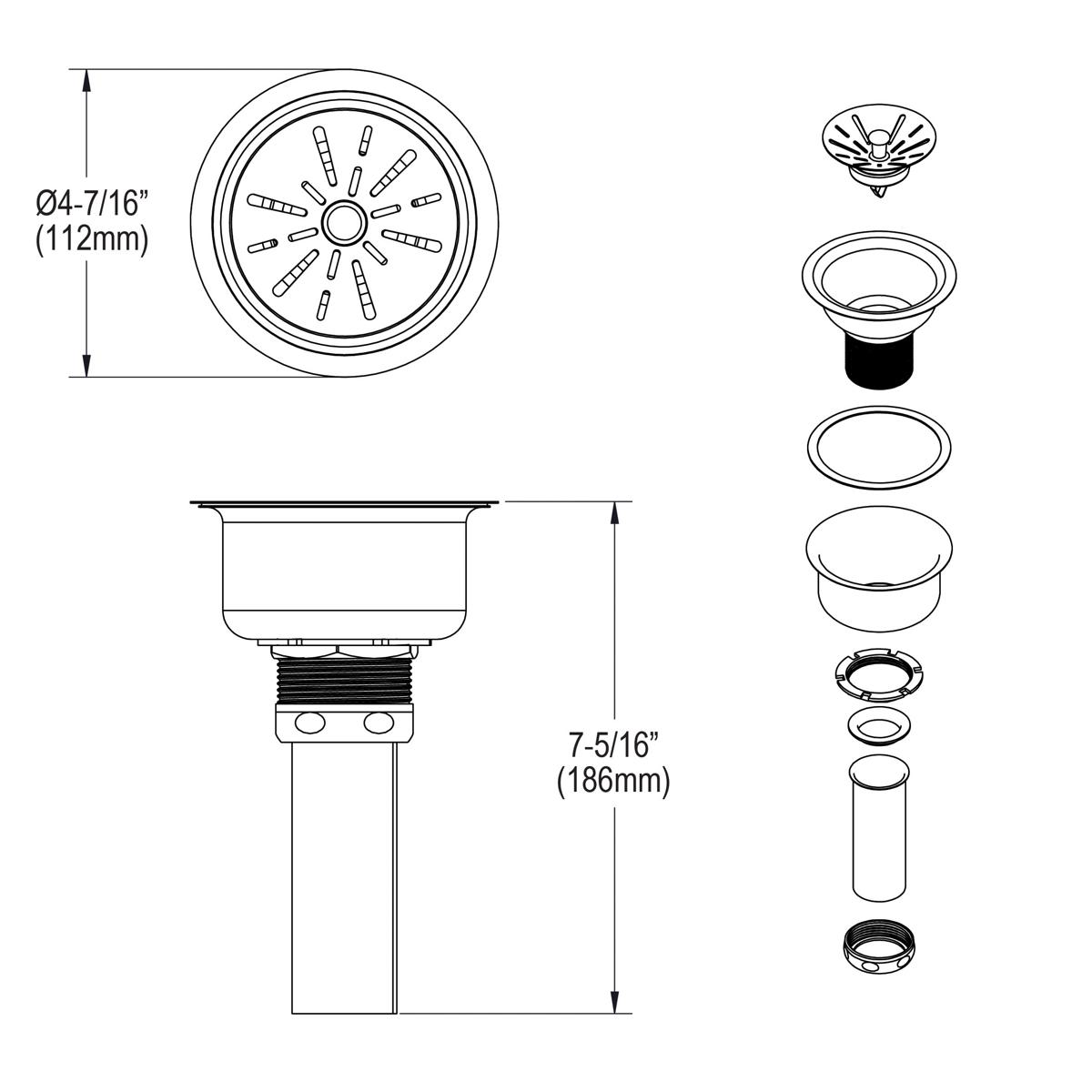 Stainless steel drain fitting with strainer basket, tailpiece, and component parts shown in technical diagram view.