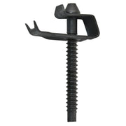 Black metal screw with threaded shaft and dual-pronged clip head for fastening and securing applications.
