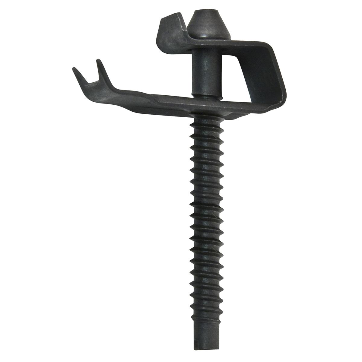 Black metal screw with threaded shaft and dual-pronged clip head for fastening and securing applications.