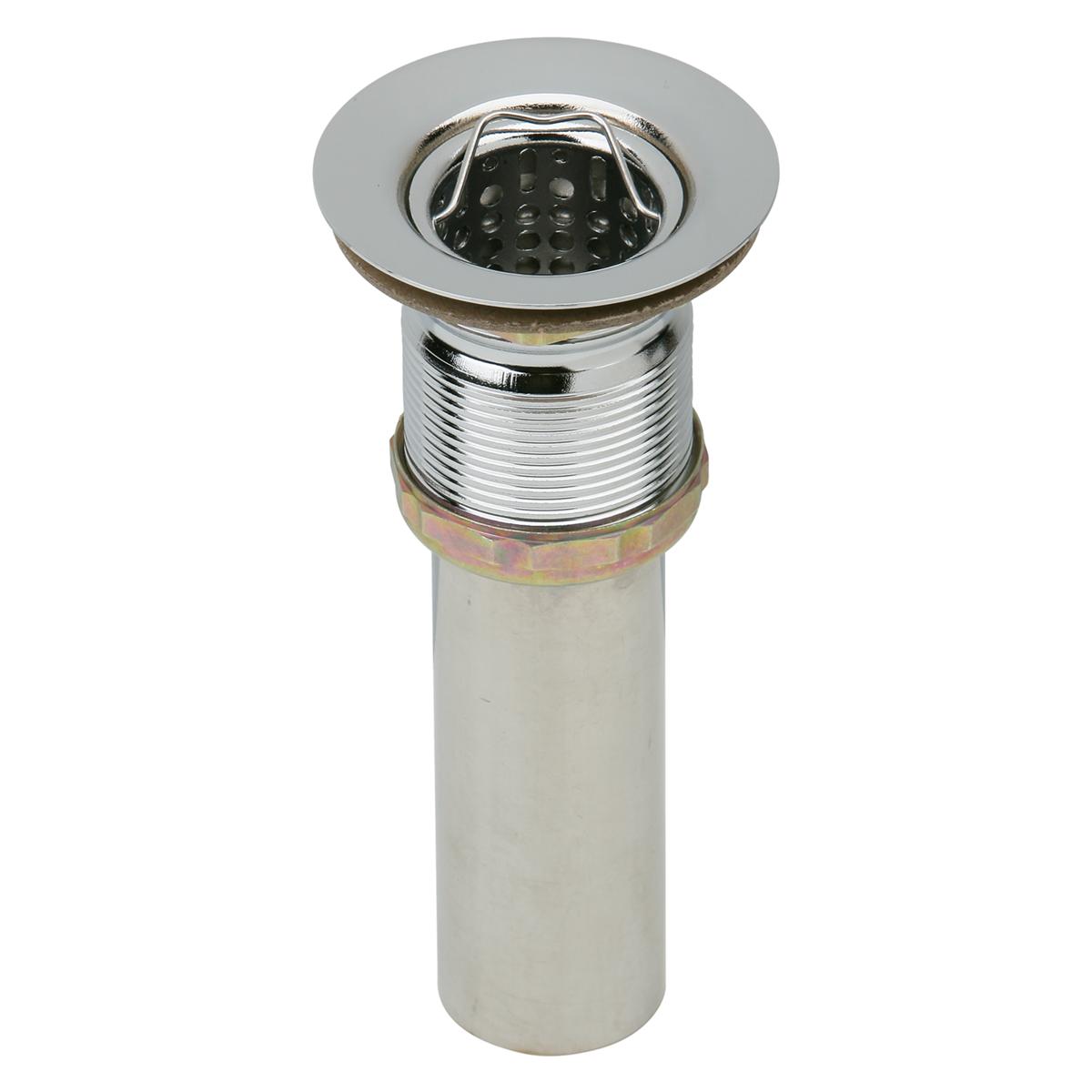 Nickel-plated brass drain fitting with stainless steel strainer basket and threaded body for sink installation.