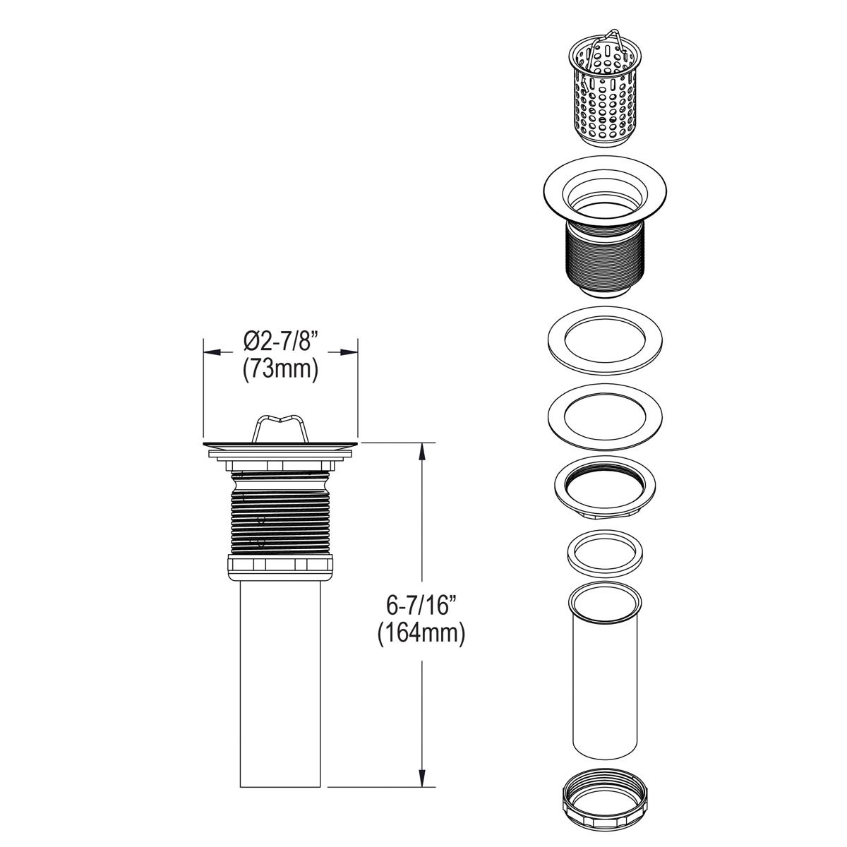 Nickel-plated brass drain fitting with deep stainless steel strainer basket and component parts displayed separately.