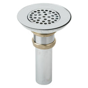 Stainless steel drain strainer with perforated basket top and cylindrical tailpiece with threaded connector.