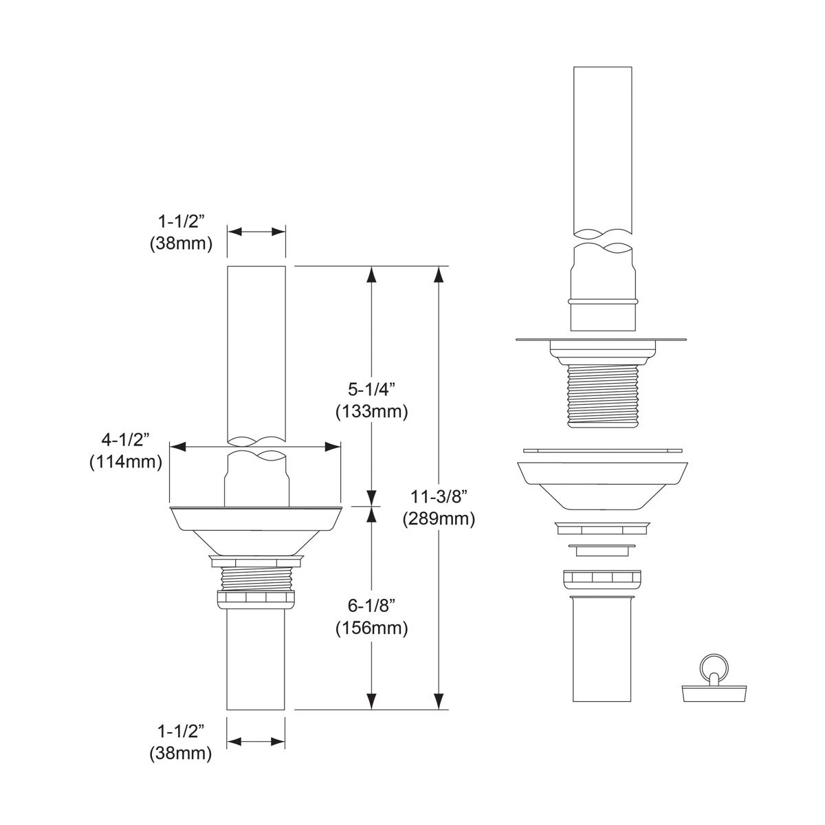 Technical diagram showing Elkay 3-1/2" drain assembly with removable standpipe, threaded connections, rubber stopper, and dim