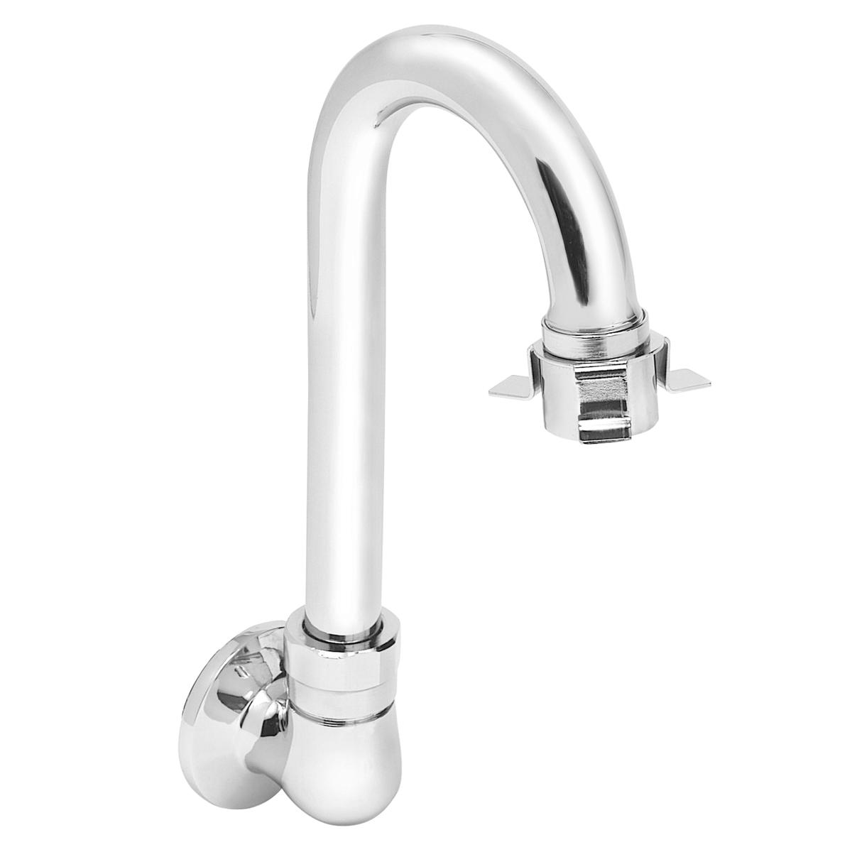 Chrome wall-mounted faucet spout with curved gooseneck design and mounting bracket.