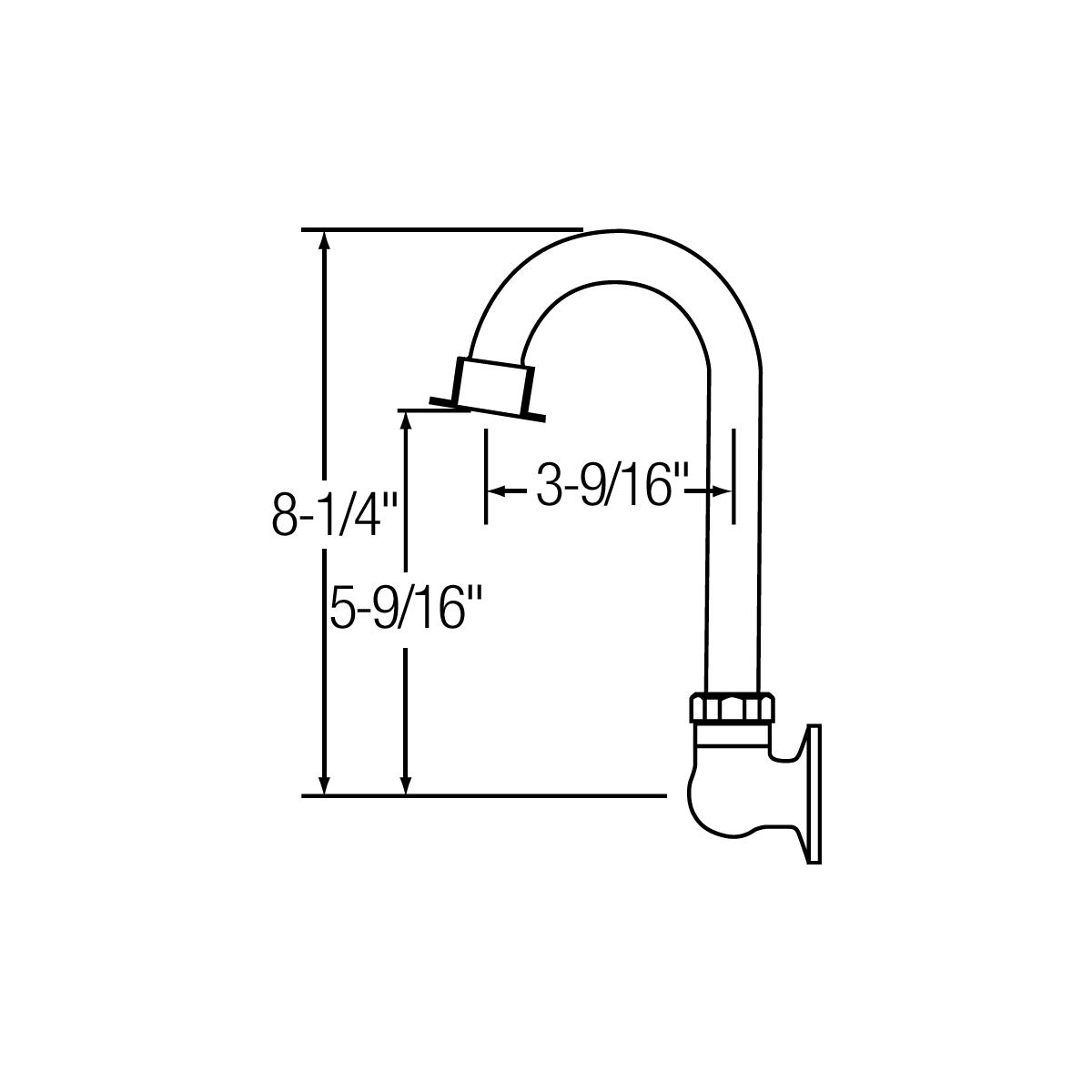 Wall-mounted faucet spout with curved neck and measurements labeled 8-1/4" height and 3-9/16" width.