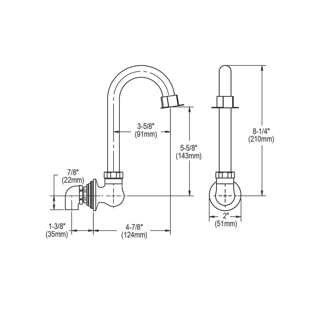 Technical drawing of wall-mount faucet with curved spout, showing dimensions and mounting specifications from multiple views.