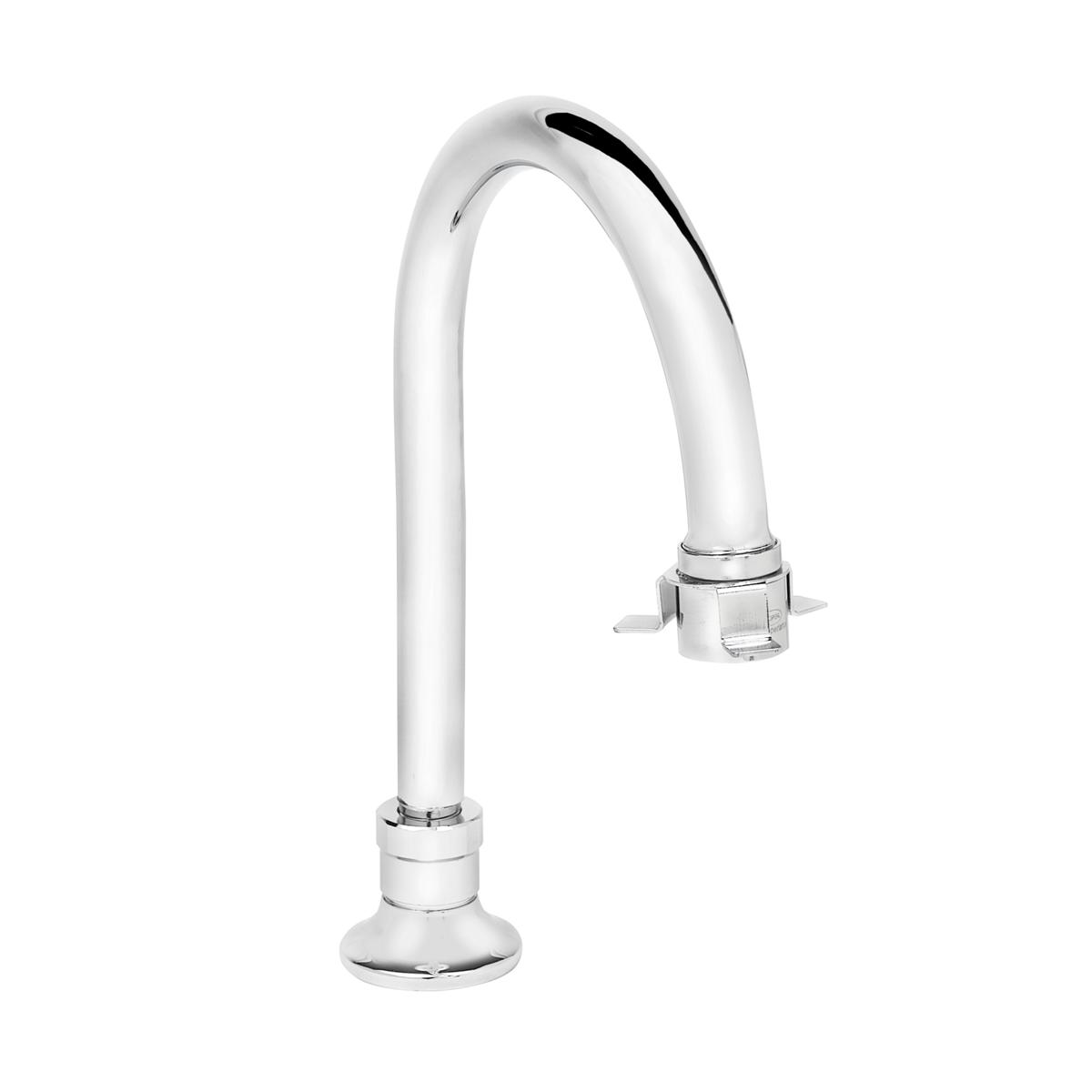 Chrome deck mount faucet spout with curved gooseneck design and single outlet opening.