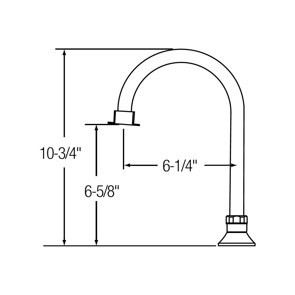 Elkay deck mount faucet spout with curved gooseneck design and dimensional specifications labeled.