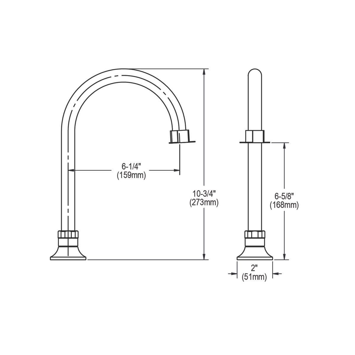 Technical drawing showing deck mount faucet spout with curved gooseneck design and dimensional specifications.