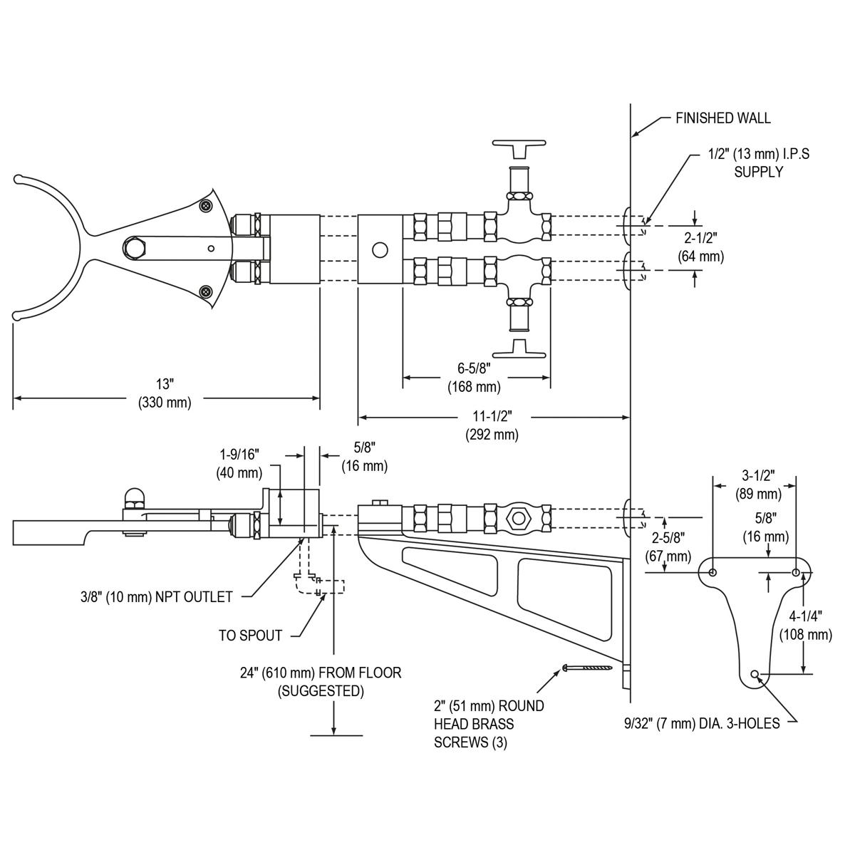 Technical schematic diagram showing knee action valve assembly with mounting specifications, supply connections, outlet to sp