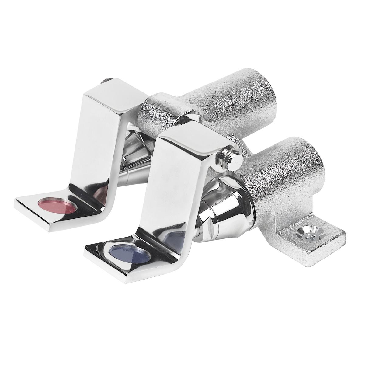 Chrome and stainless steel double foot valve with two pedal levers and colored indicator buttons for floor mounting.