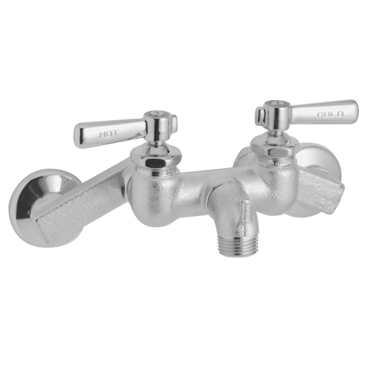 Rough chrome wall-mount faucet with two lever handles, bucket hook spout, and adjustable center spacing.