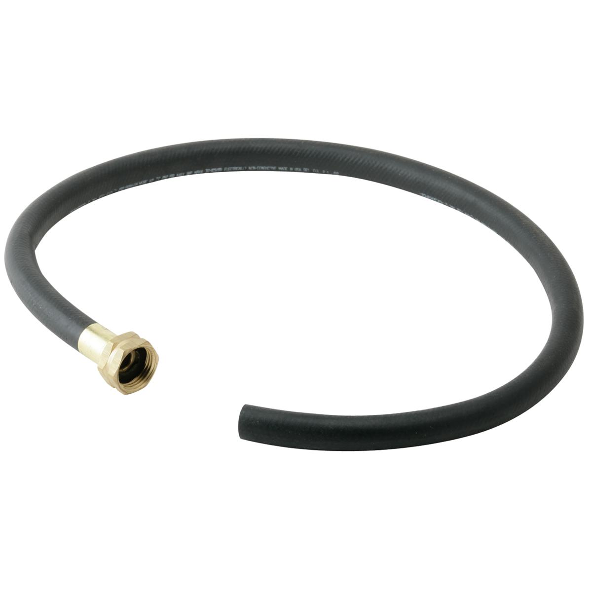 Black rubber hose coiled with brass female faucet connector on one end and open end on the other.